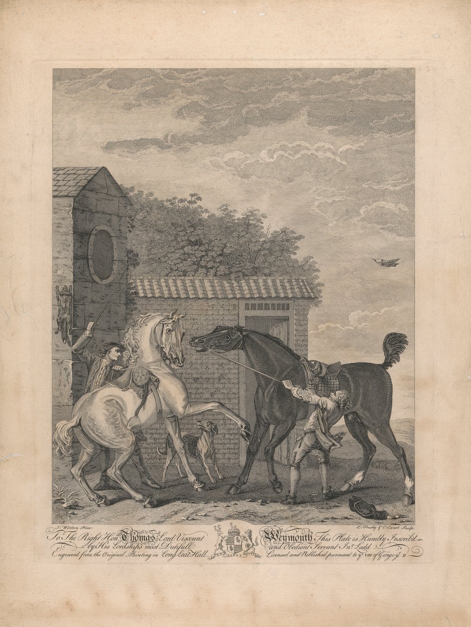 Two Horses Standing Restlessly Outside a Stable (dedicated to Thomas Lord Viscount Weymouth) by L. Truchy
