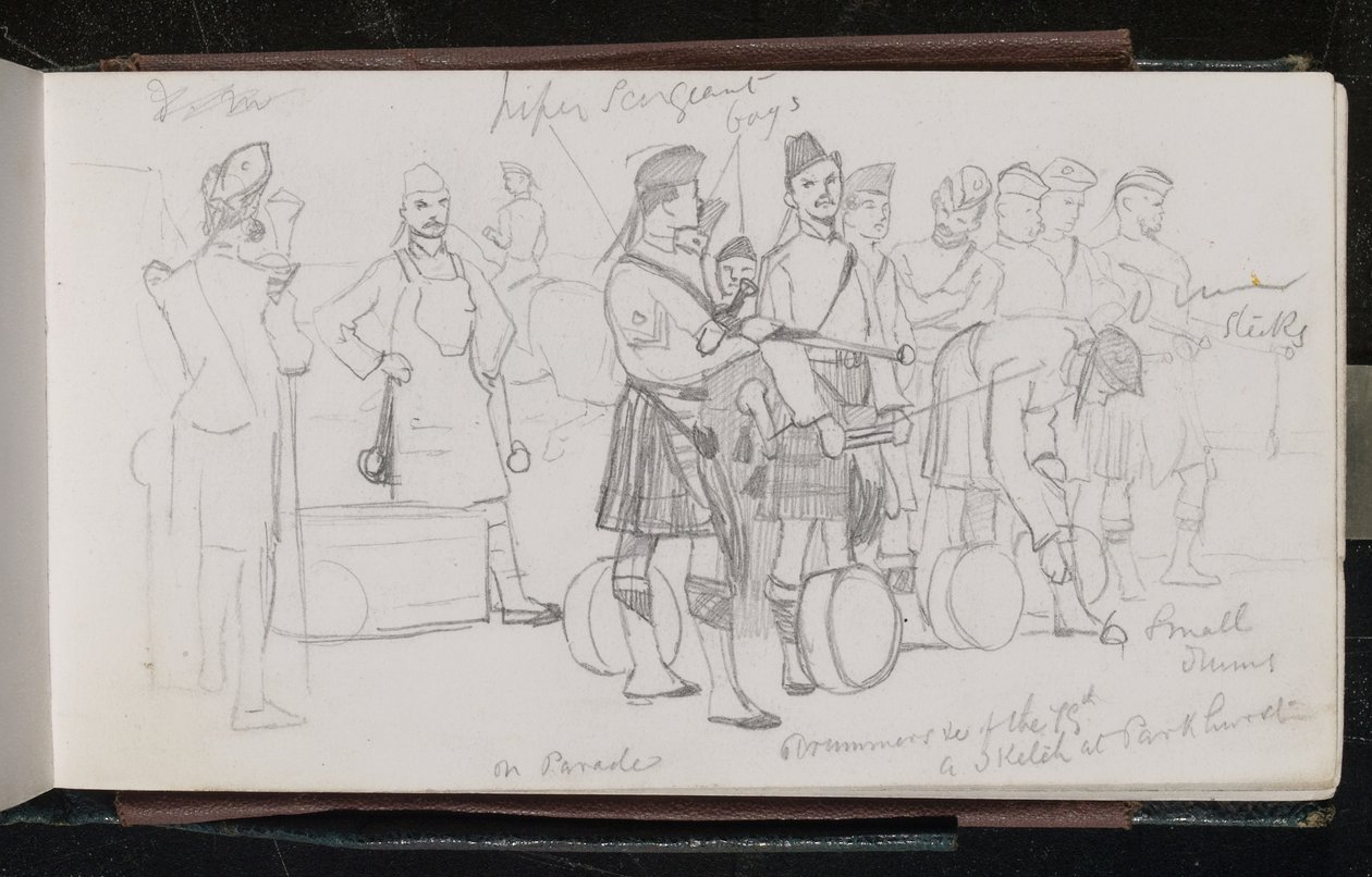 On parade. Drummers of the 79th. A sketch at Parkhurst by Lady  Butler