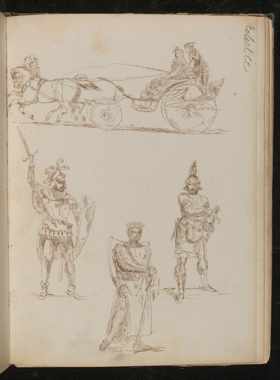 Study of a Horse Drawn Carriage with Three Occupants, Three Studies of Greco-Roman Warriors with Weapons and Shields (pen and ink) by Lady  Butler
