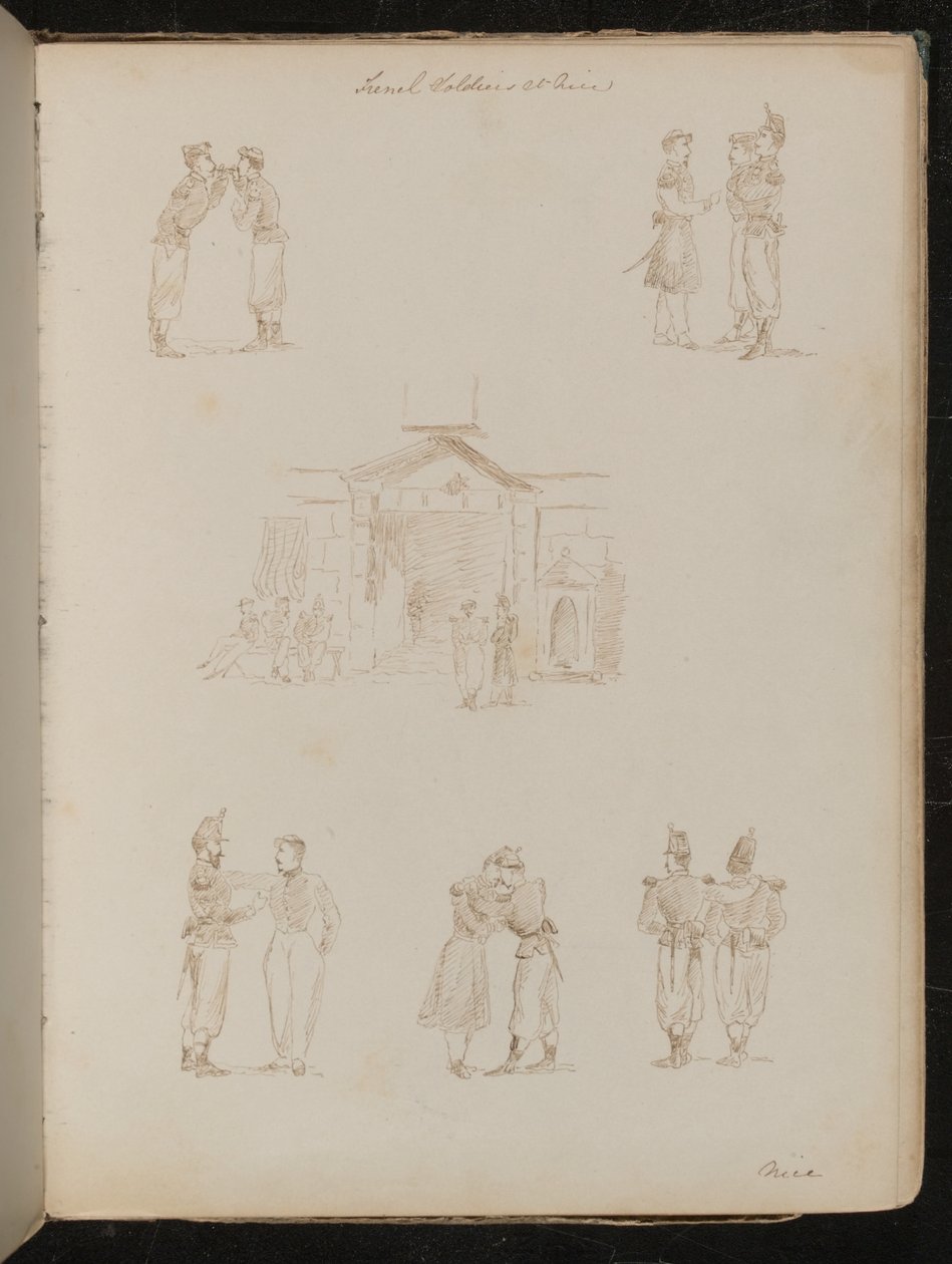 Study of Soldiers Lighting Cigarettes, Three Soldiers in Conversation, Three Studies of Pairs of Soldiers Embracing, Location Noted as 