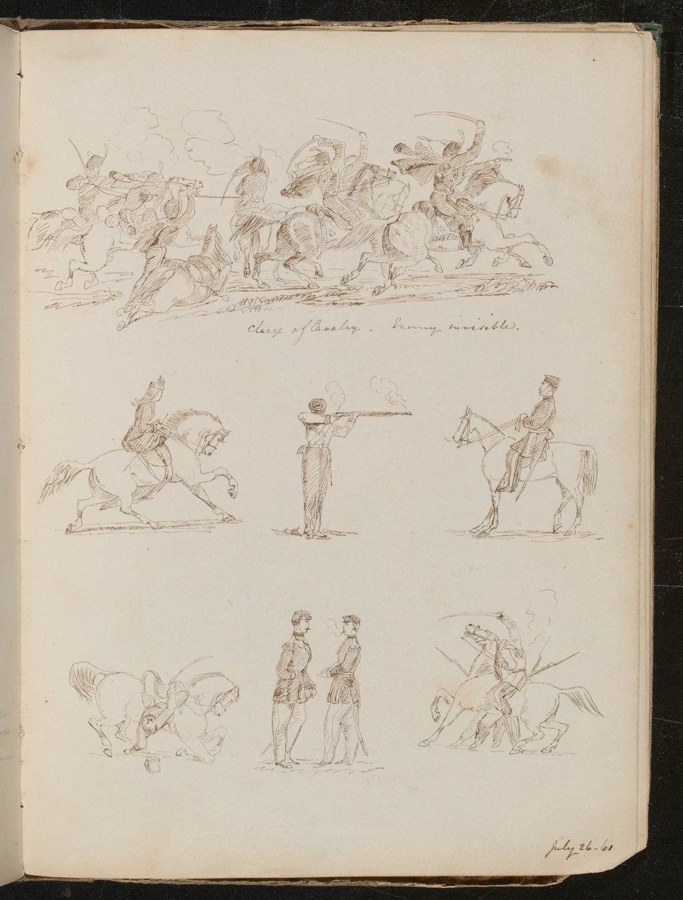 Seven Studies of Cavalry Battles, Soldiers and a Woman Riding by Lady Butler