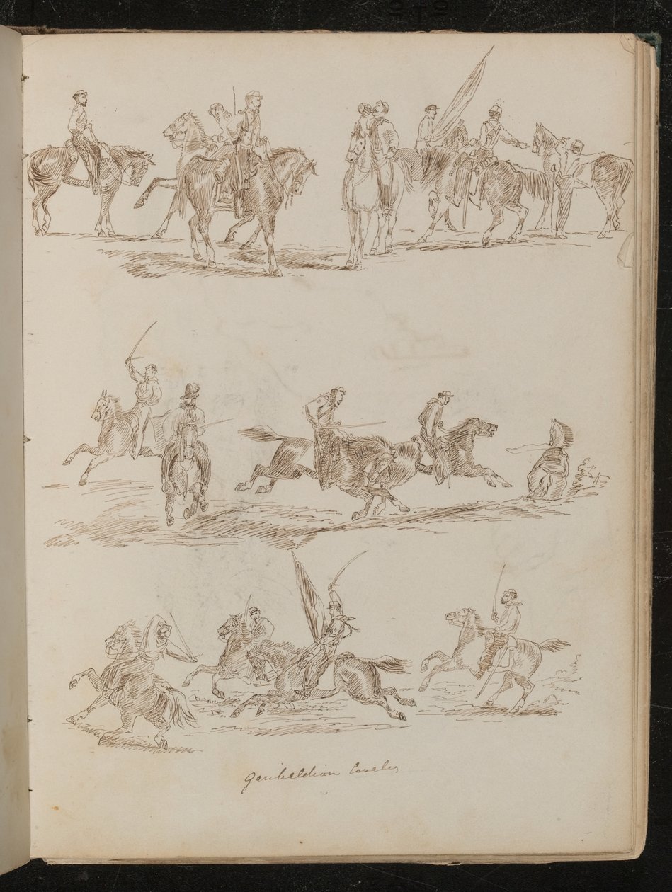 Three Studies of Soldiers on Horseback Inscribed "Garibaldian Cavalry" by Lady Butler