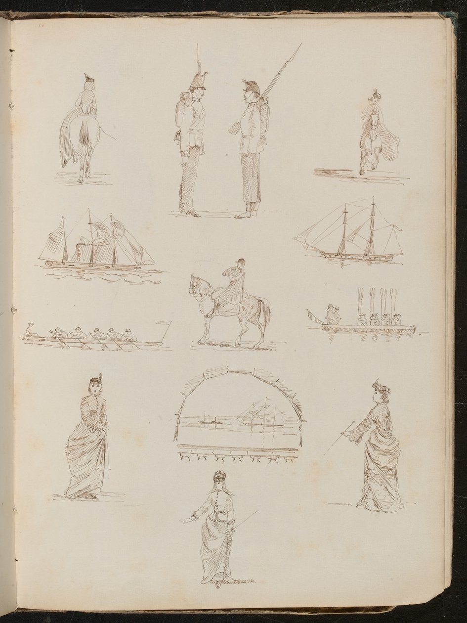 Twelve Studies Showing Woman Riding Side-Saddle, Soldiers in Conversation, Ships, Bugler on Horse by Lady Butler