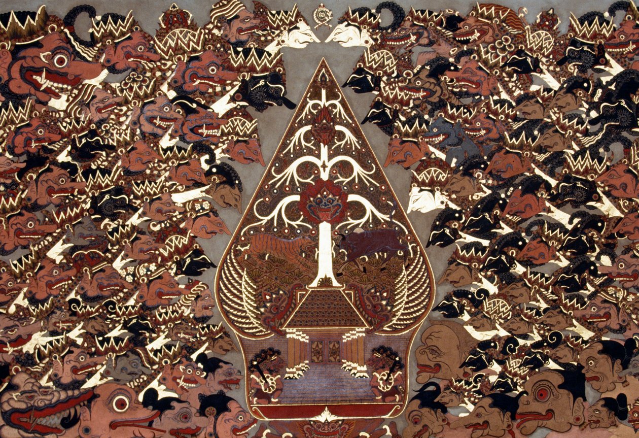 Painting in Wayang Beber style inspired by Theatre of Shadows, Mangkunegaran Palace, Surakarta, Java, Indonesia by Amadeo (after) Modigliani