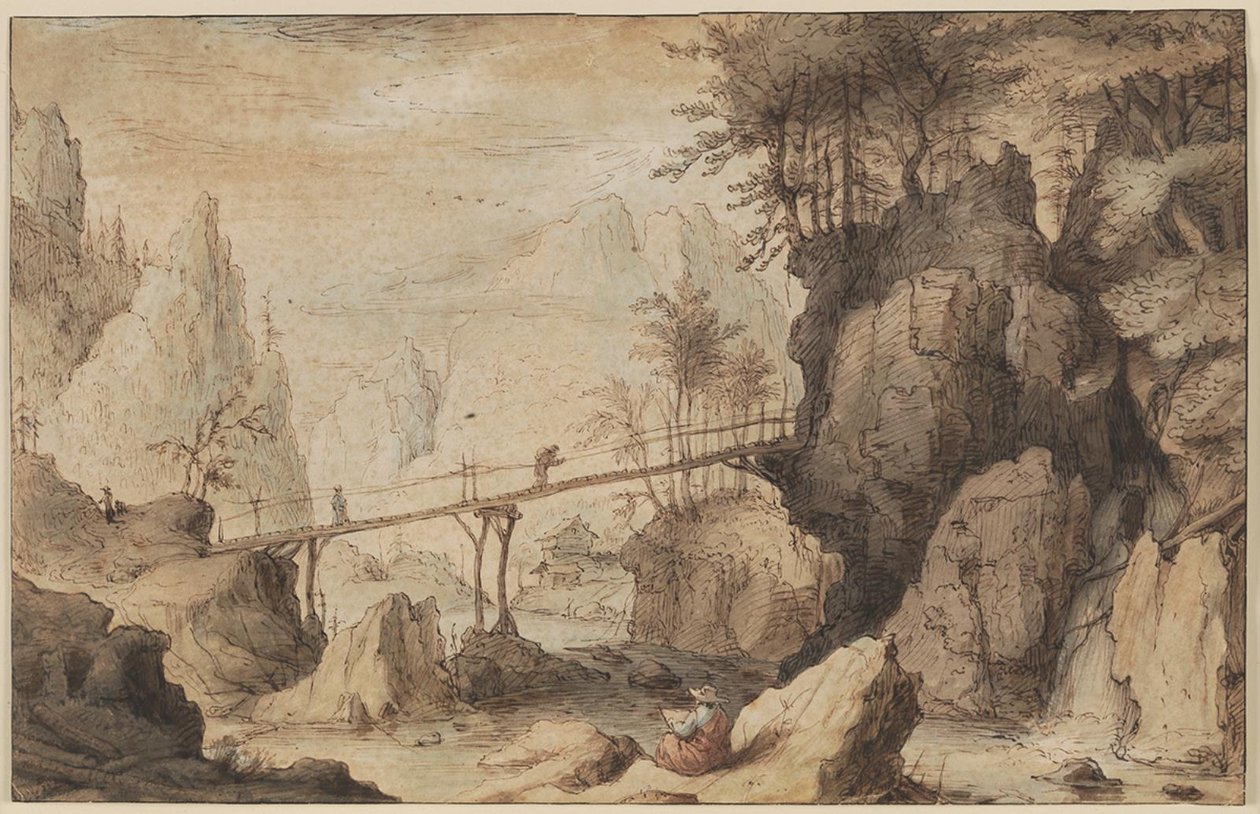 Draughtsman on a Stone Before a Bridge by Lambert Doomer
