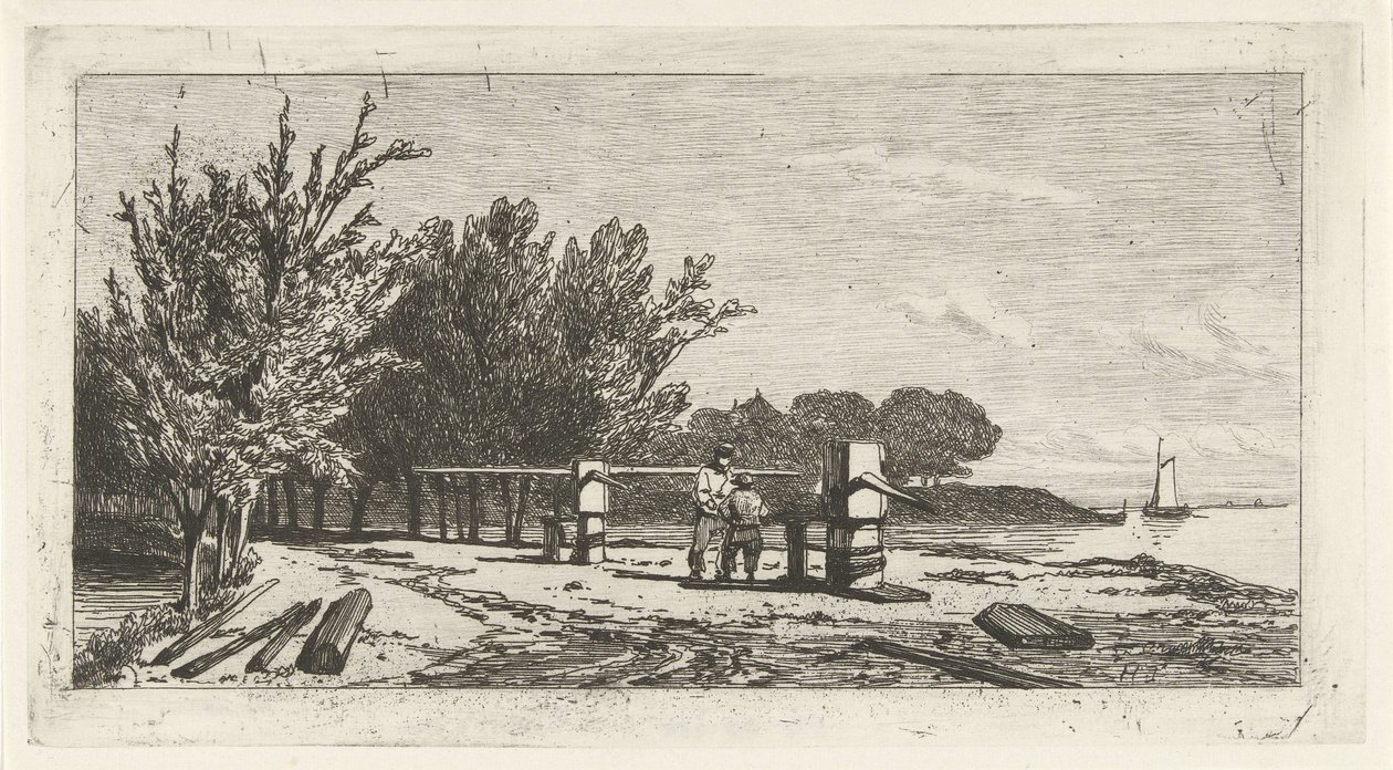 Man and Boy by the Riverbank by Lambertus  Hardenberg