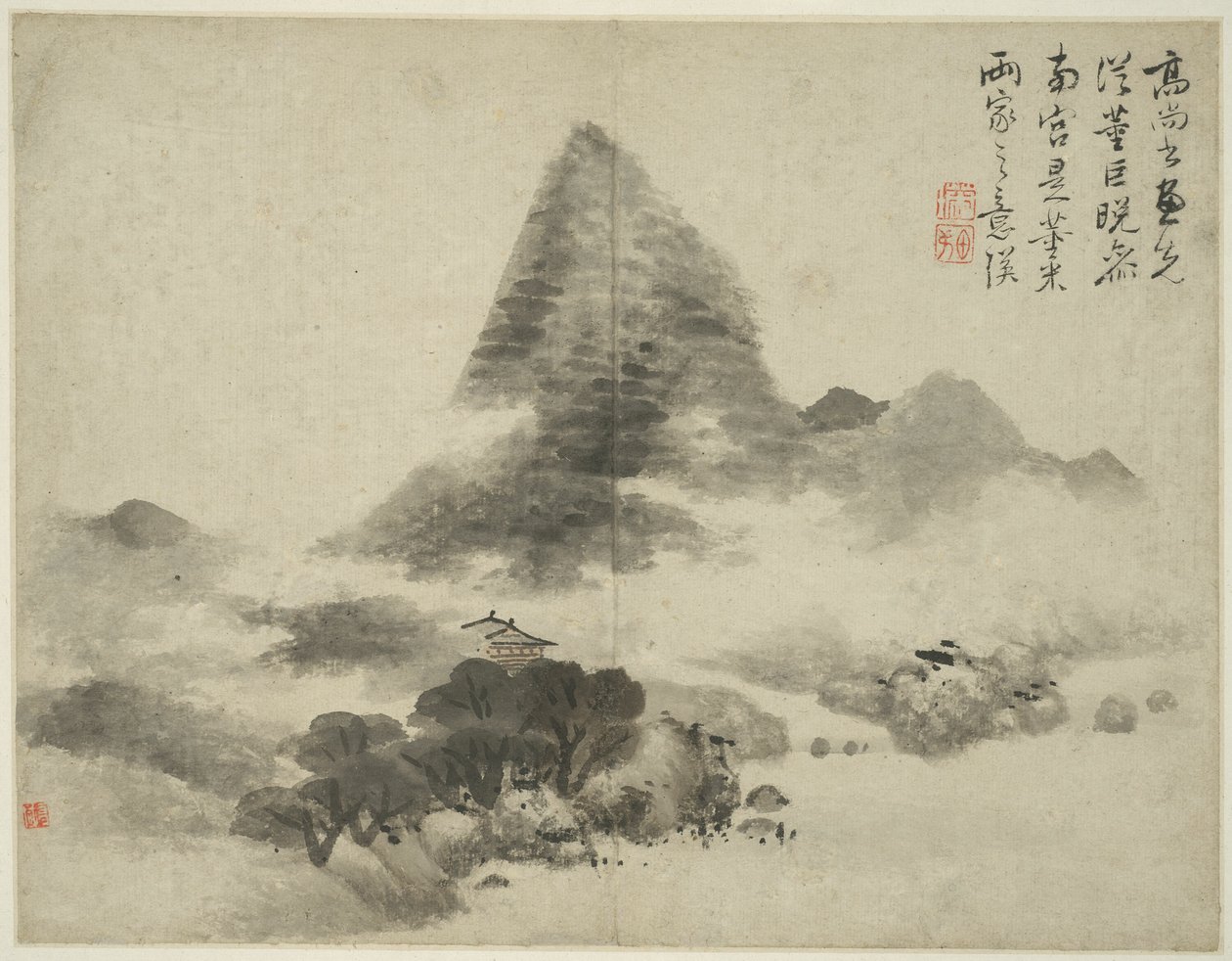 Landscape in the Style of Ancient Masters: after Gao Shangshu, following Dong Yuan (active 937-975) and Ju Ran, and later in the style of Mi Fu (1051-1107) by Lan Ying