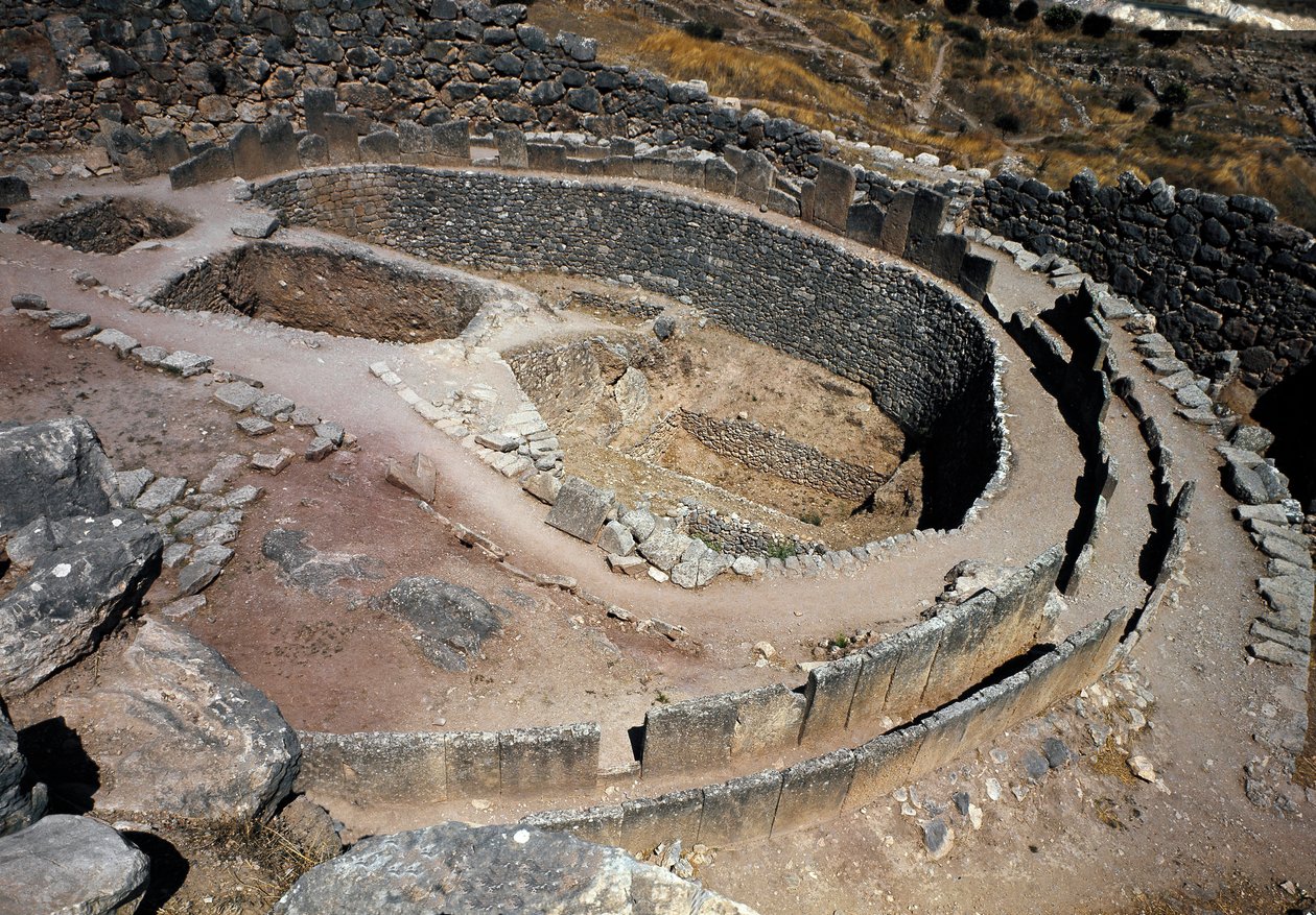Aerial View of the First Circle of Tombs in Mycenae by Late Helladic Period Mycenaean