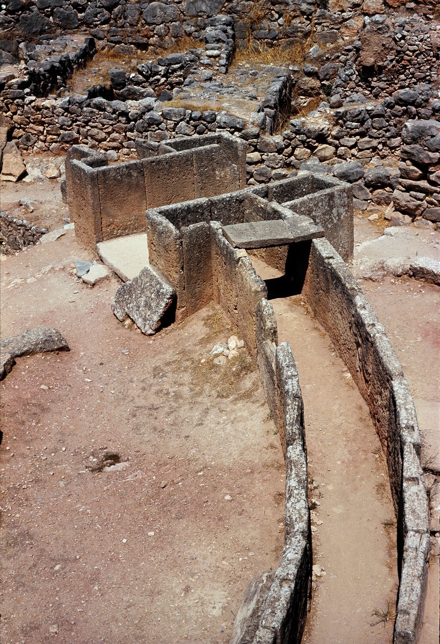 Aerial view of the first circle of tombs (royal cemetery) discovered by the archeologist Heinrich Schliemann (1822-1890) in the years 1870: site of the ancient city of Mycenae, in the Peloponnese (1500-1100 BC) Greece by Late Helladic Period Mycenaean
