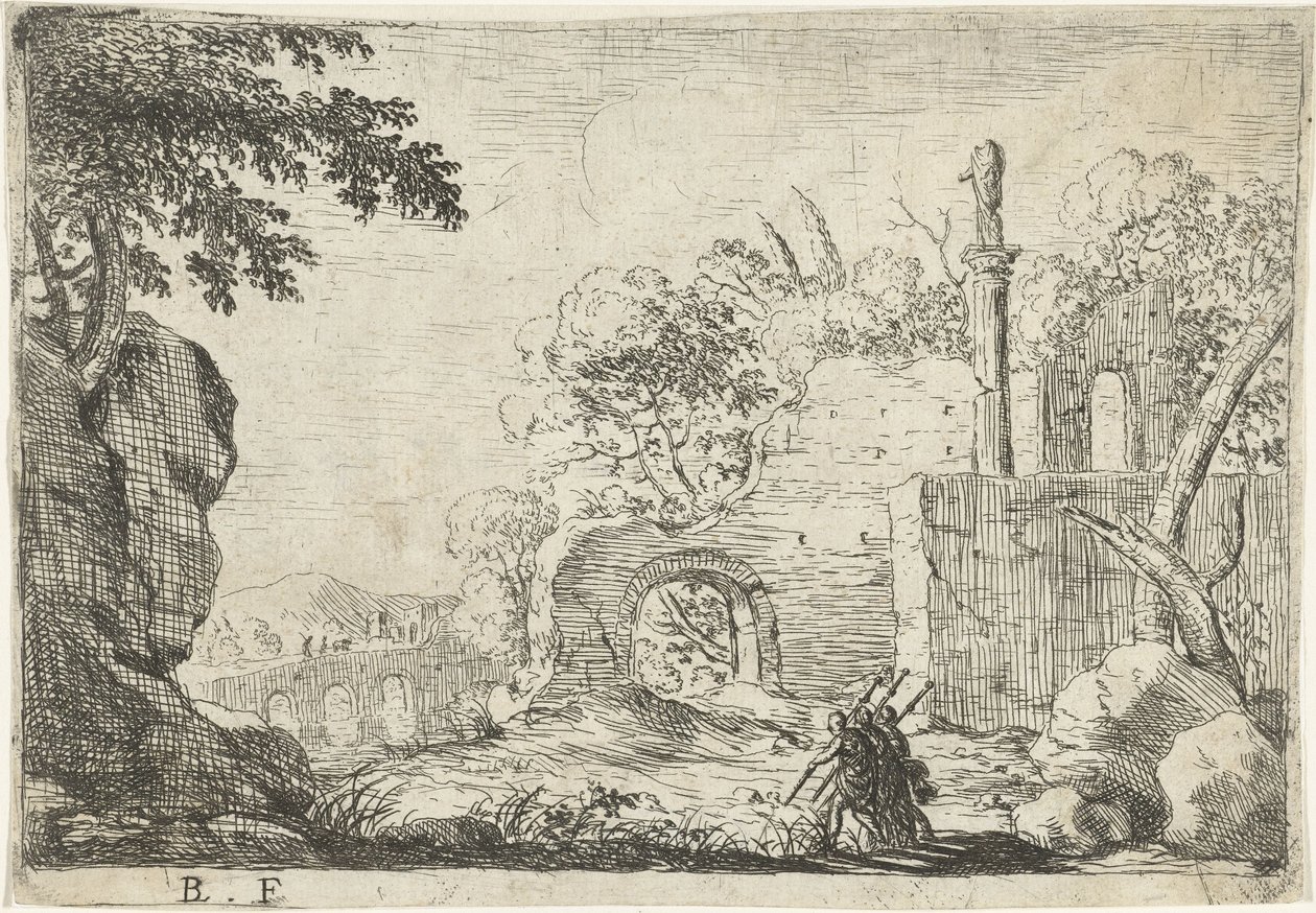 Three Soldiers by a Ruin (Italian Landscapes with Ruins) by Laurens Barata