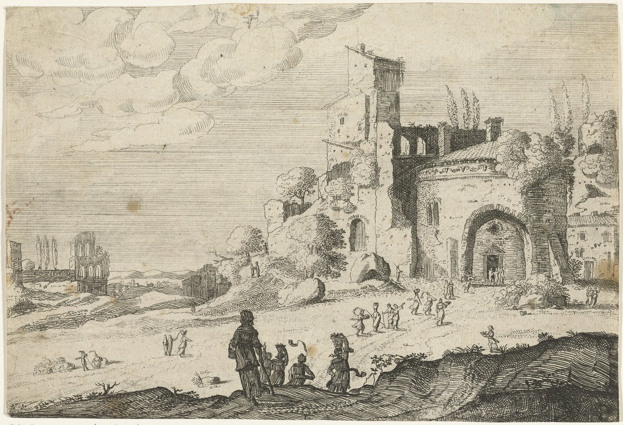 A Group of Women Walking Towards a Building (Landscapes with Ancient Roman Buildings) by Laurens Barata