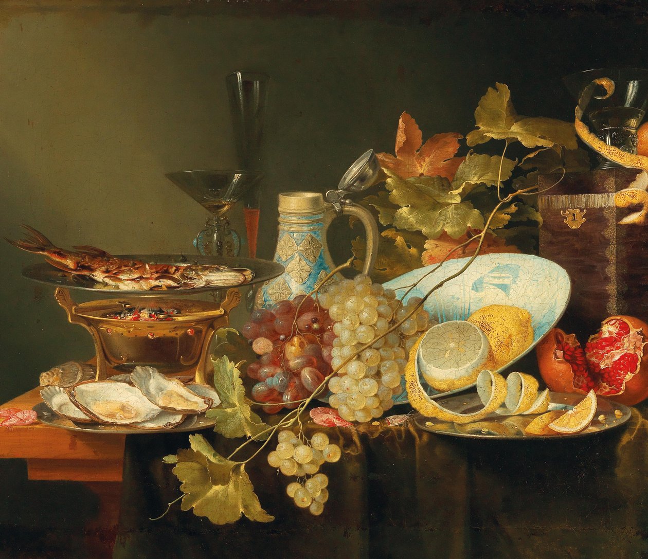 Still life of fruit, a Chinese porcelain bowl and a fish on a stove by Laurens Craen