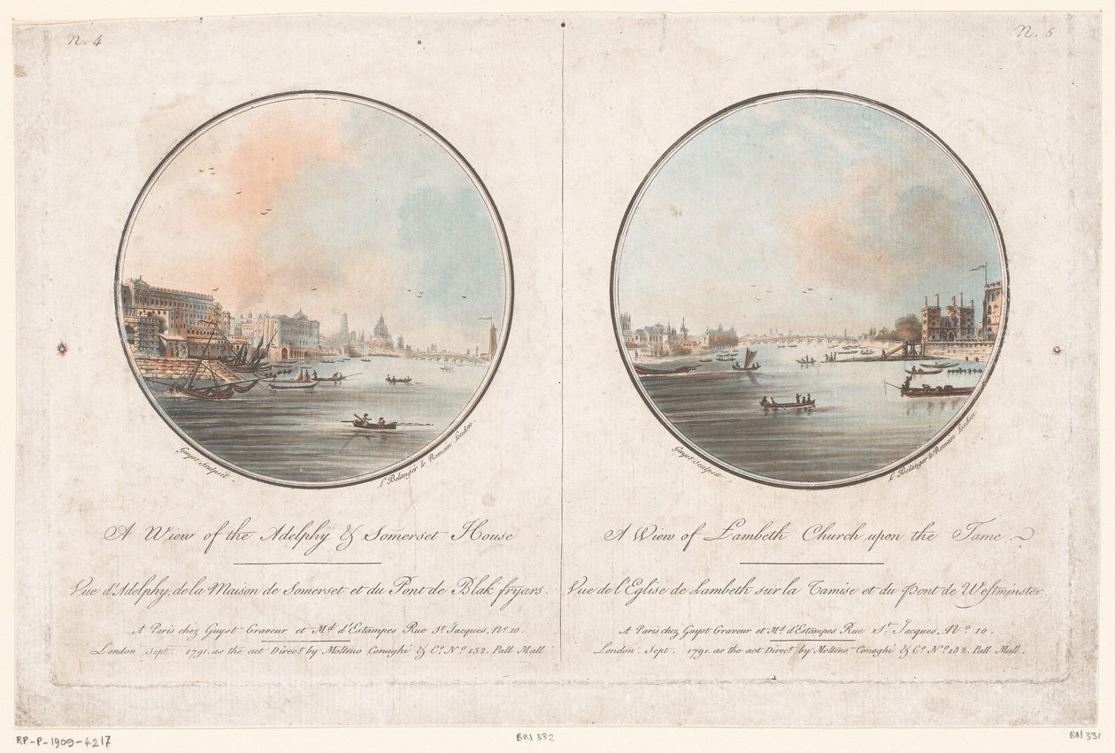 View of the Adelphi and Somerset House from the Thames and View of Lambeth Church from the Thames by Laurent Guyot