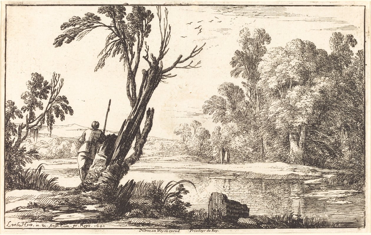 A Man Gazing across a Still Pond by Laurent de la Hyre