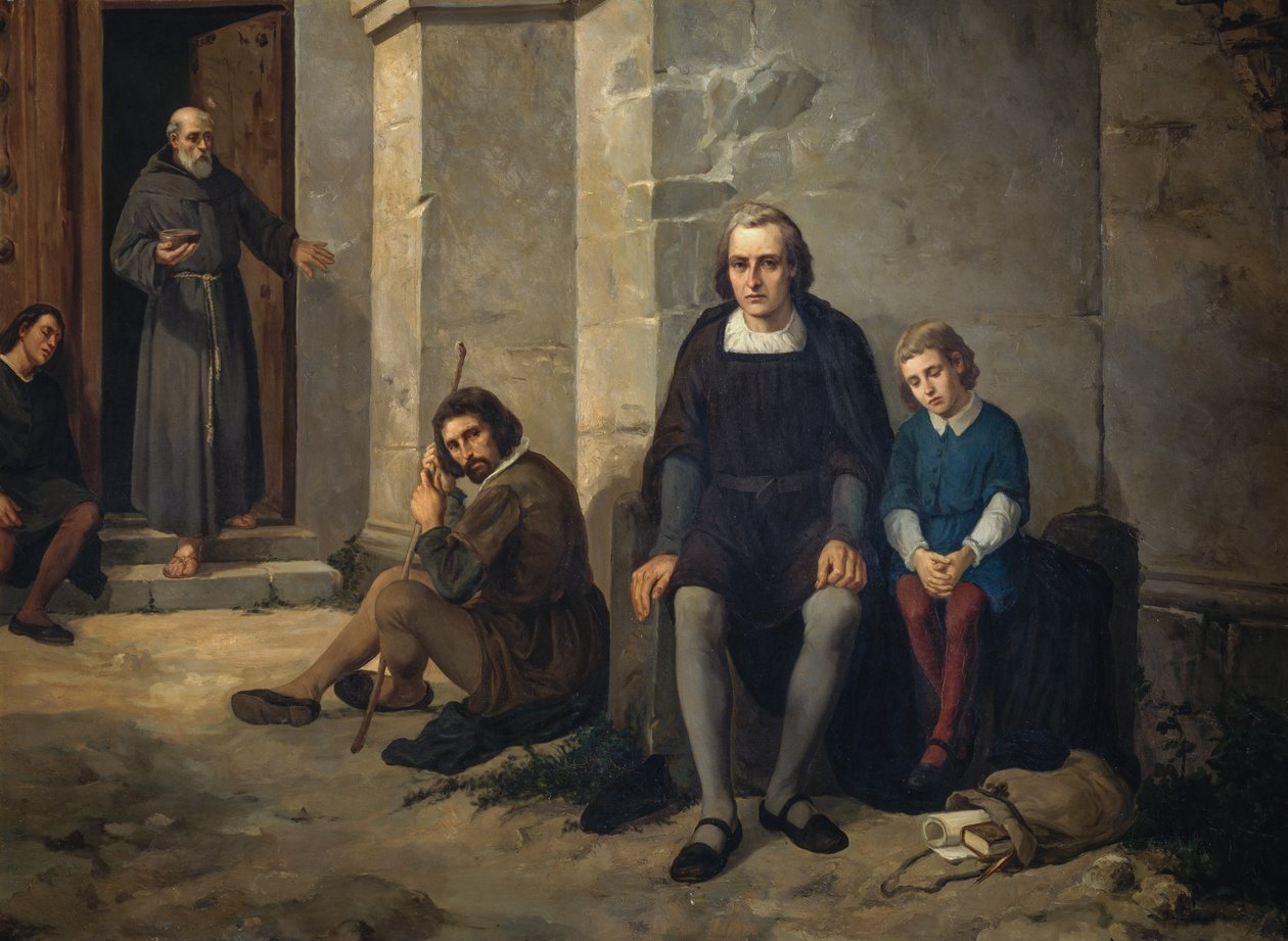 Christopher Columbus with his son in monastery of Santa Maria de La Rabida, Spain by Leandro Izaguirre