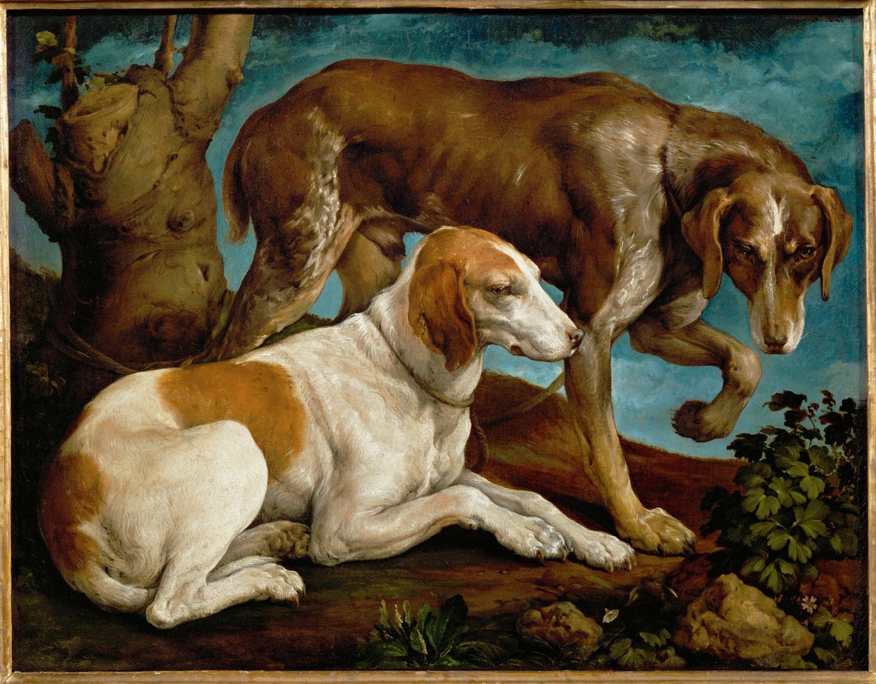 Two hunting dogs tied to a tree-stump by Leandro da Ponte Bassano