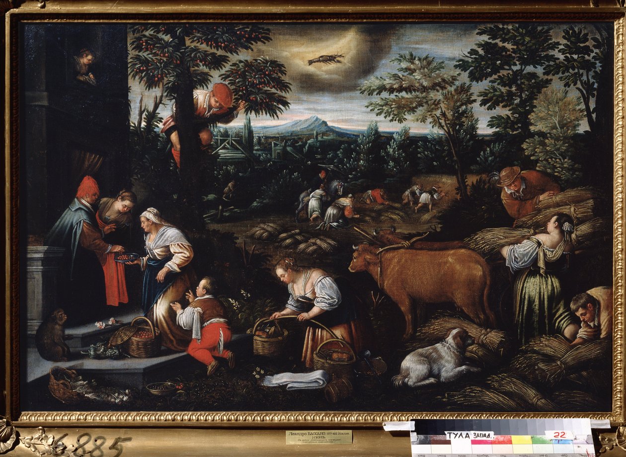 June. Farm work, cherry picking, and wheat gathering. Symbol of the Cancer sign in the sky. by Leandro da Ponte Bassano