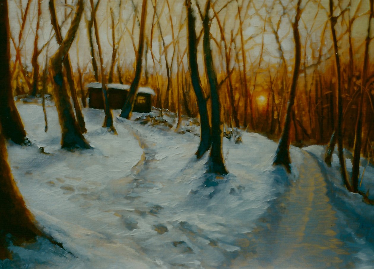 Snowy Woods 2002 Sunset by Lee Campbell