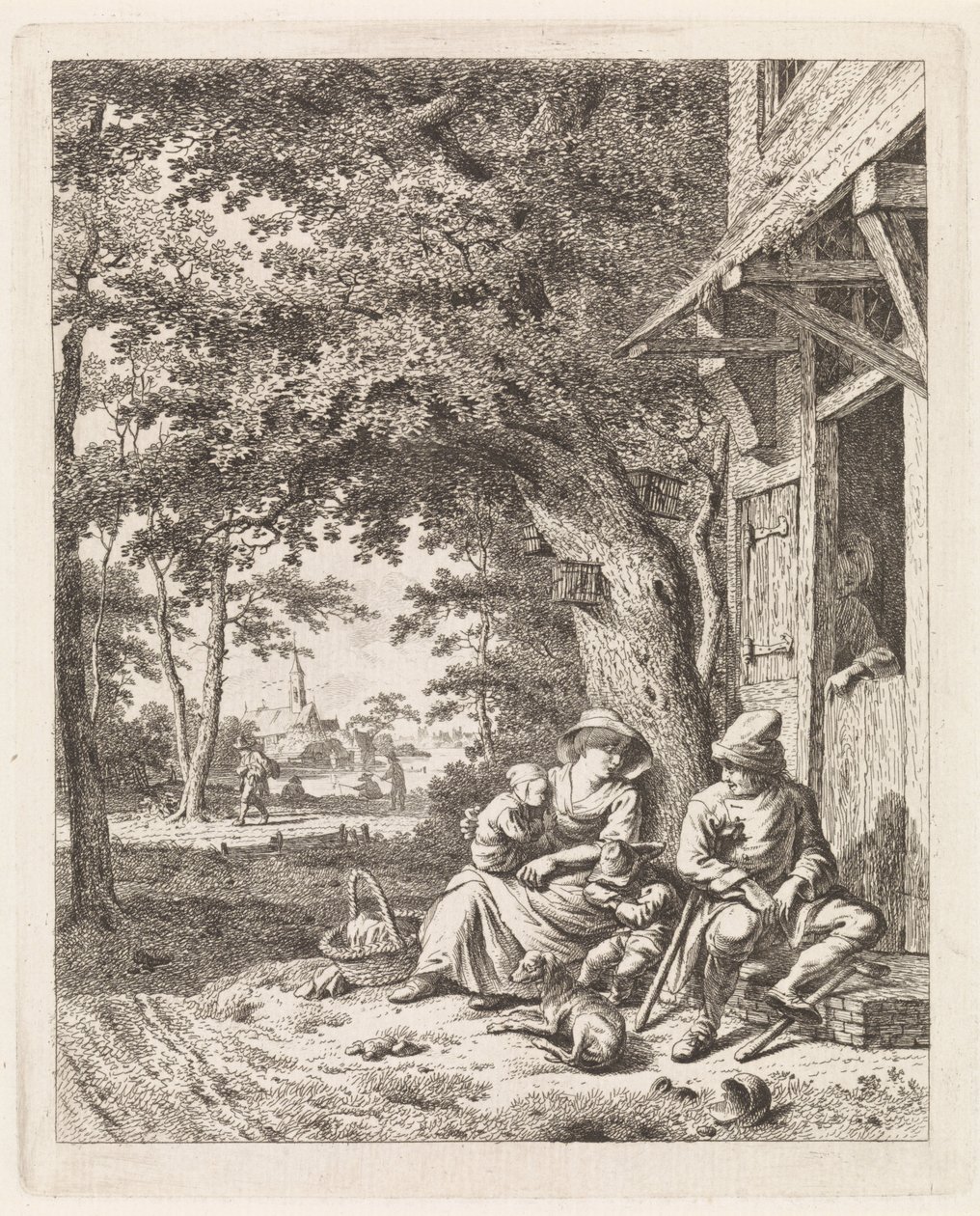 Family with Dog Sitting in Front of a House by Leendert Overbeek