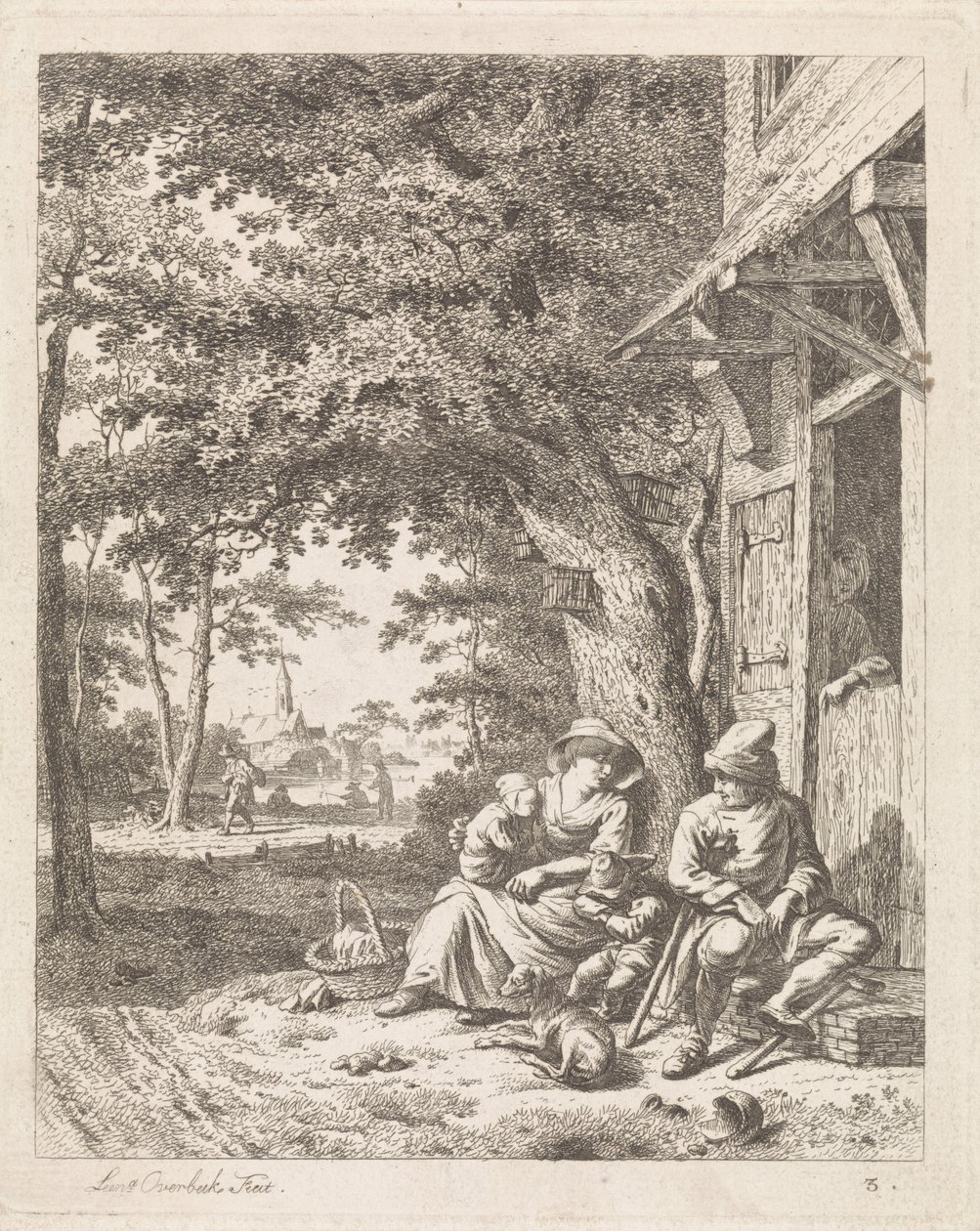 Family with Dog, Sitting in Front of a House (Landscapes with Figures) by Leendert Overbeek