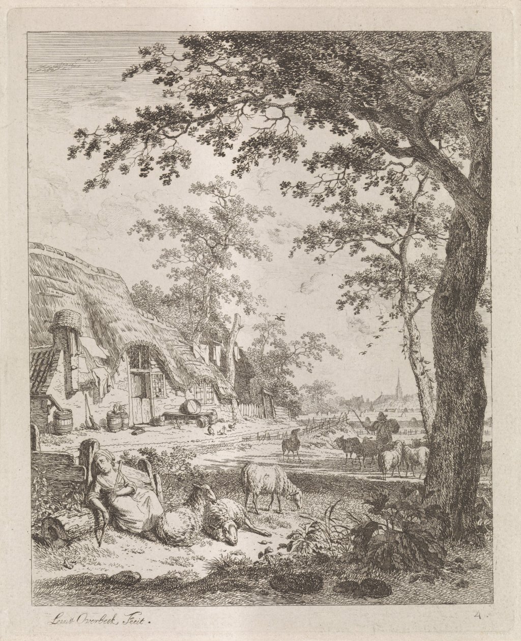 Shepherdess with Sheep in Front of a Farmhouse by Leendert Overbeek