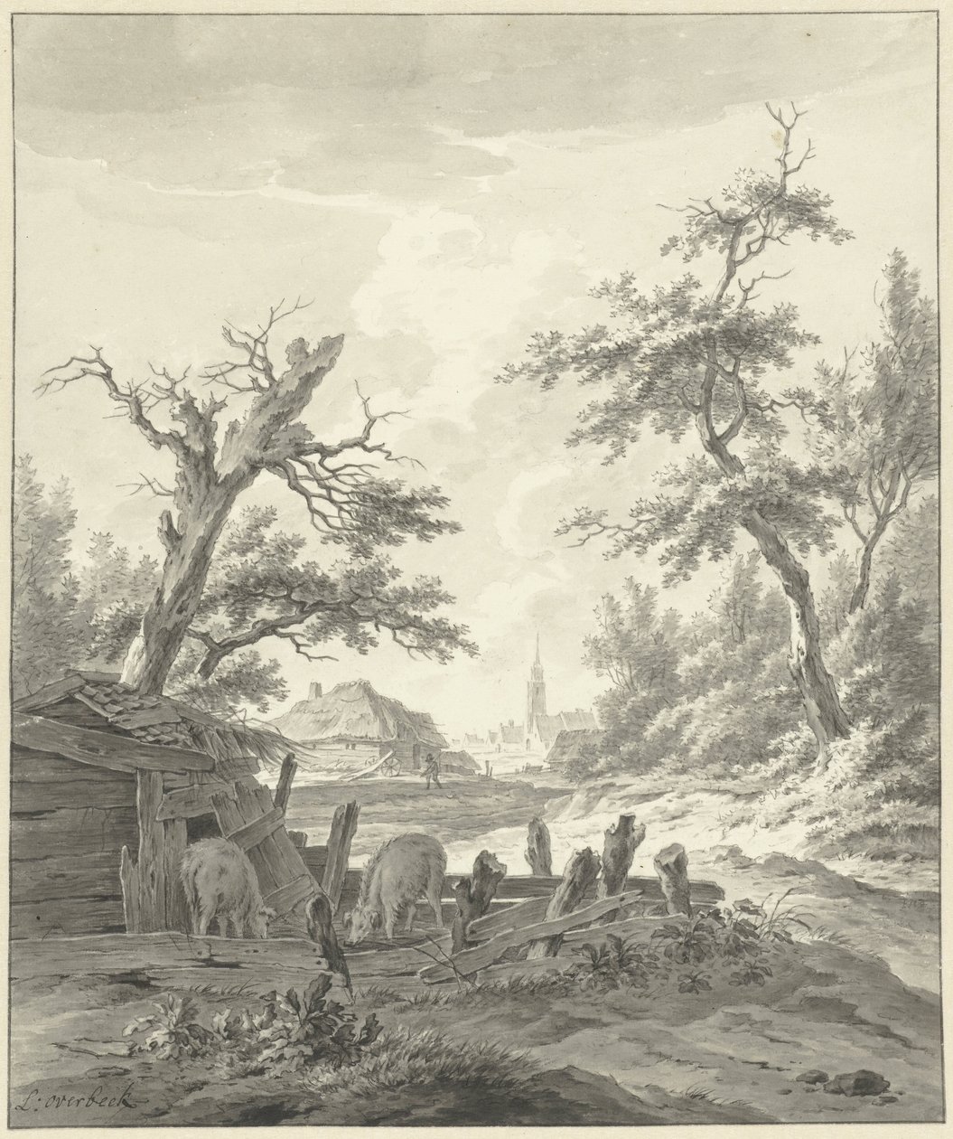 Landscape with a Pigsty in the Foreground by Leendert Overbeek