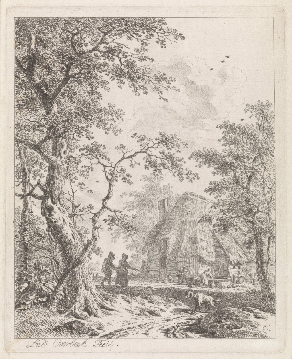 Two walkers by a farm (Landscapes with figures) by Leendert Overbeek