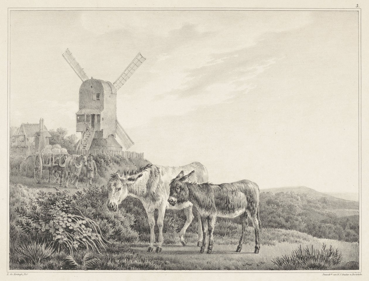 Two Donkeys in a Landscape by a Mill (Six Stone Drawings by L. de Koningh) by Leendert de Koningh