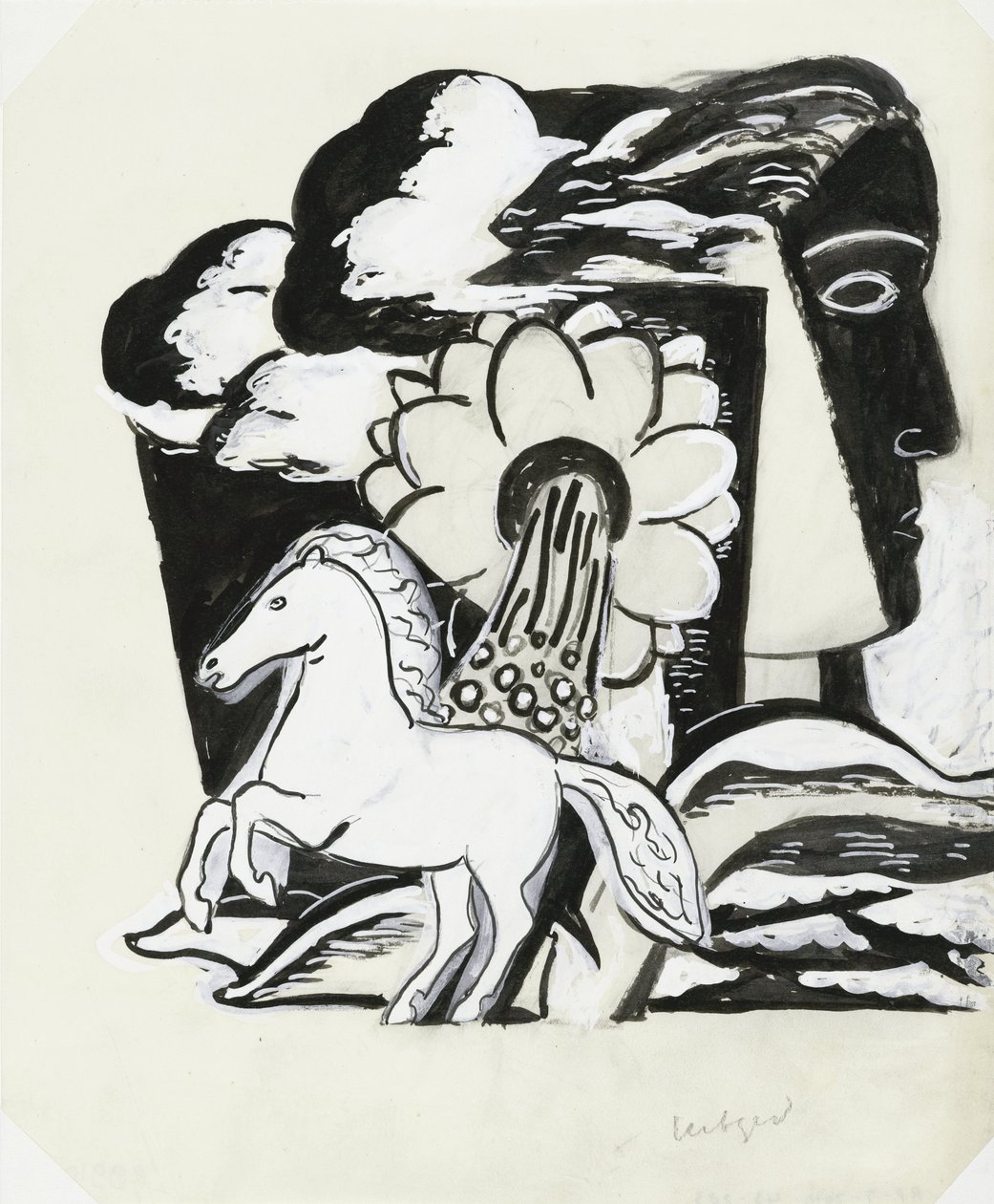Rearing Horse, Flower and Head (sketch) by Leo Gestel (signed by artist)