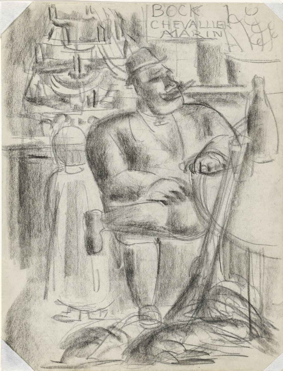 Hunter Sitting at Café Table, in Black Chalk by Leo Gestel