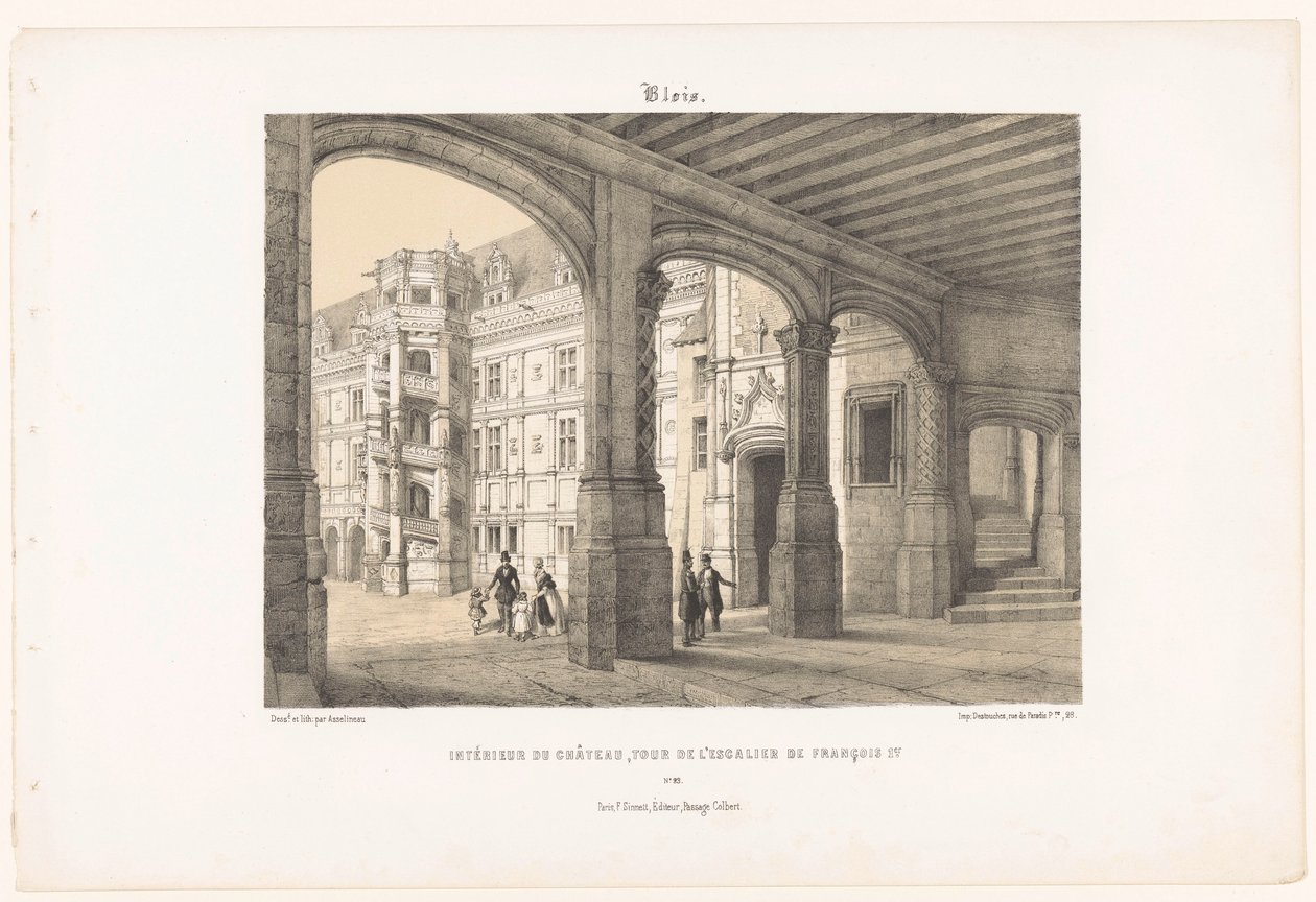 View of the interior of the castle of Blois with the octagonal staircase tower of King Francis I (Contemporary France) by Leon Auguste Asselineau