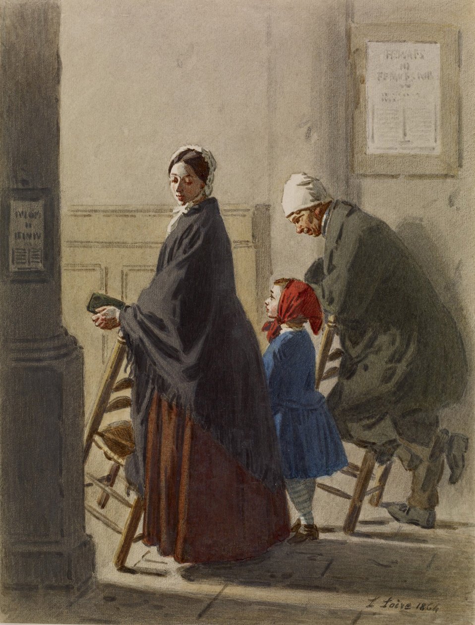 Man, Woman and Girl at Prayer in Church by Leon Henri Antoine Loire