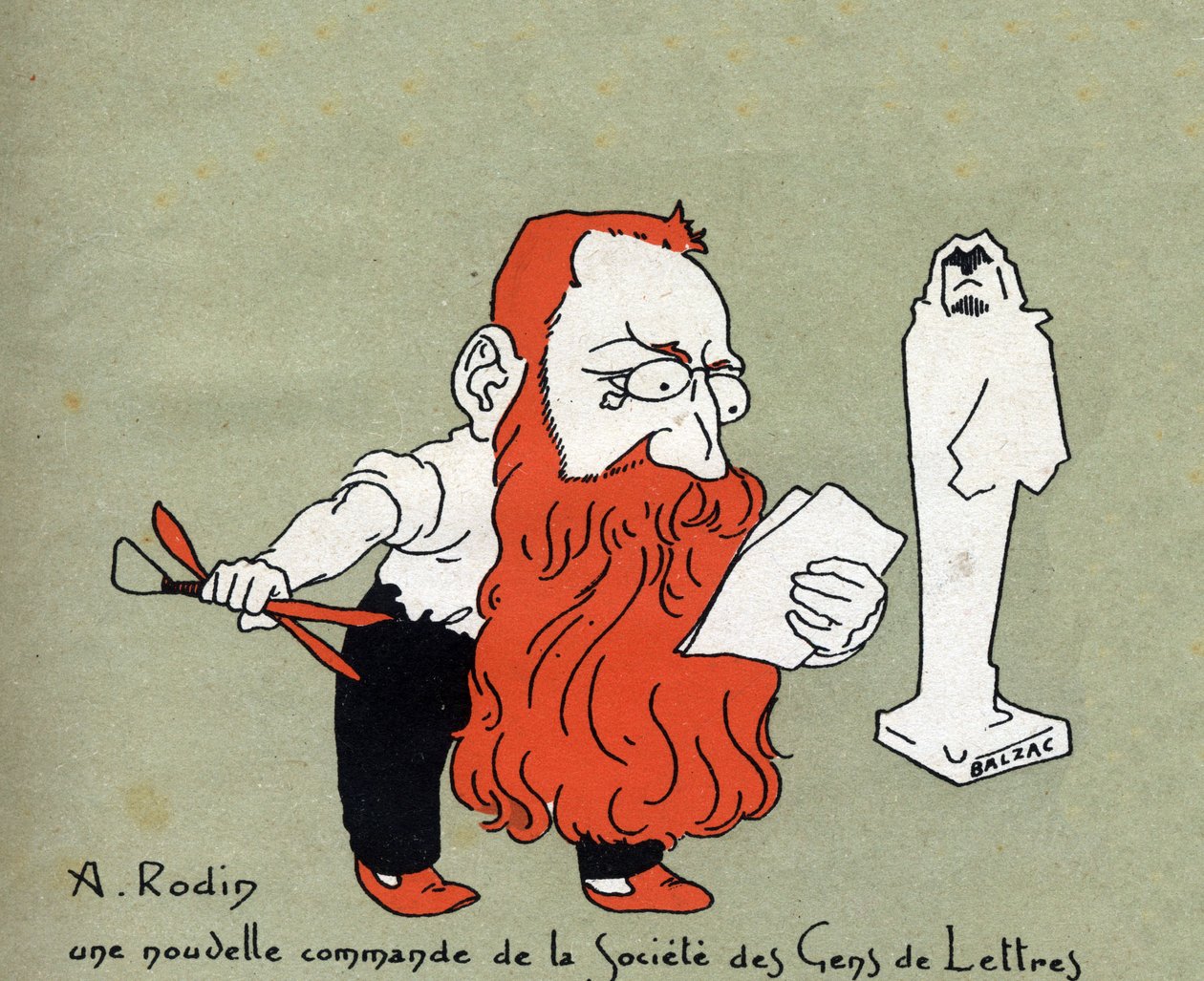 Cartoon by Auguste Rodin with a New Commission from the Societe des Gens de Lettres (Sculpture by Balzac) - Illustration by Leon Lebegue - Engraving in 