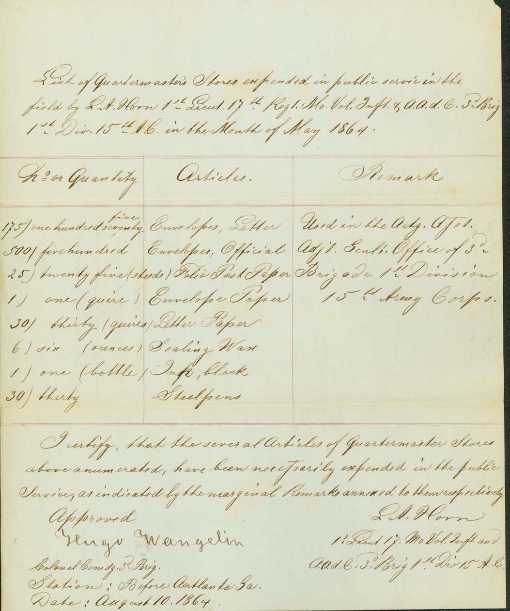 Lists Items Expended in Public Service in the Field by L.A. Horn in the Month of May 1864 by Leonard A. Horn