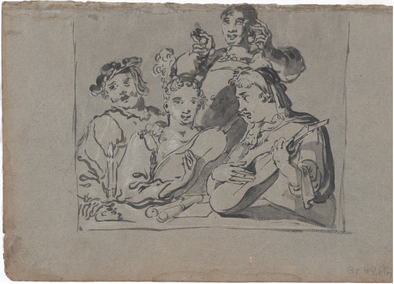 A Quartet of Singers, Lute Players, and Bell Ringers Playing in a Tavern by Candlelight by Leonard Bramer