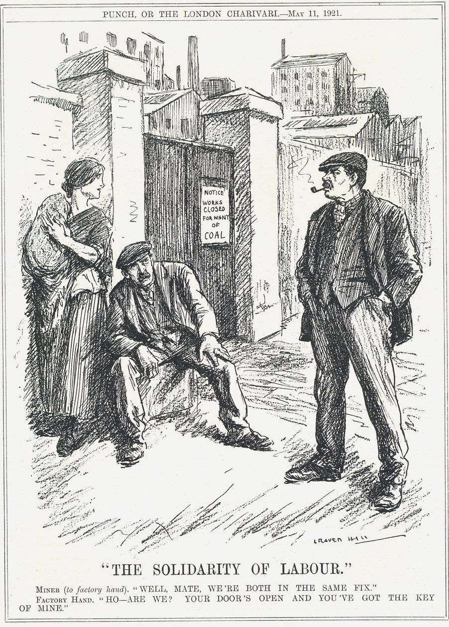 The Solidarity of Labour: Factory Worker, Locked Out Because of Lack of Coal, Telling a Miner That He Holds the Key for All Workplaces to Open Again. Cartoon by Leonard Raven-Hill by Leonard Raven Hill