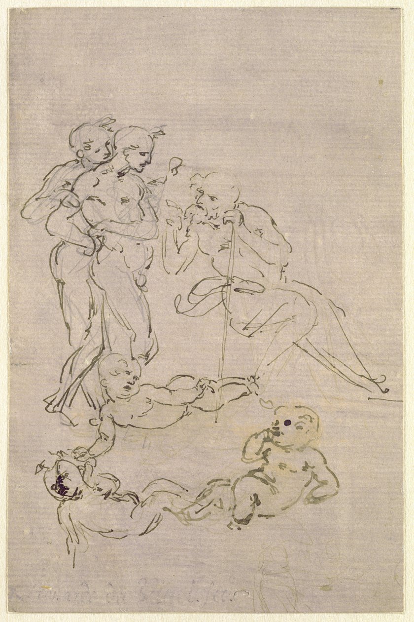 Figural Study for the Adoration of the Magi (Joseph and Two Shepherds and Sketches for the Christ Child), c.1481 by Leonardo da Vinci