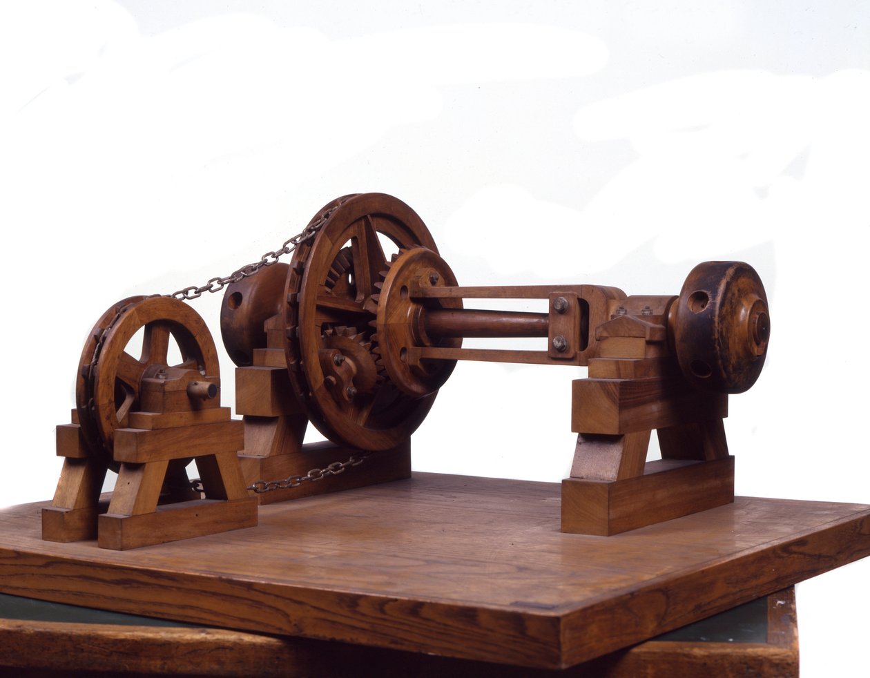 Wooden model of gears and wheels based on the design of Leonardo da Vinci (1452-1519). Museum of Science and Technology, Milan. by Leonardo da (after) Vinci