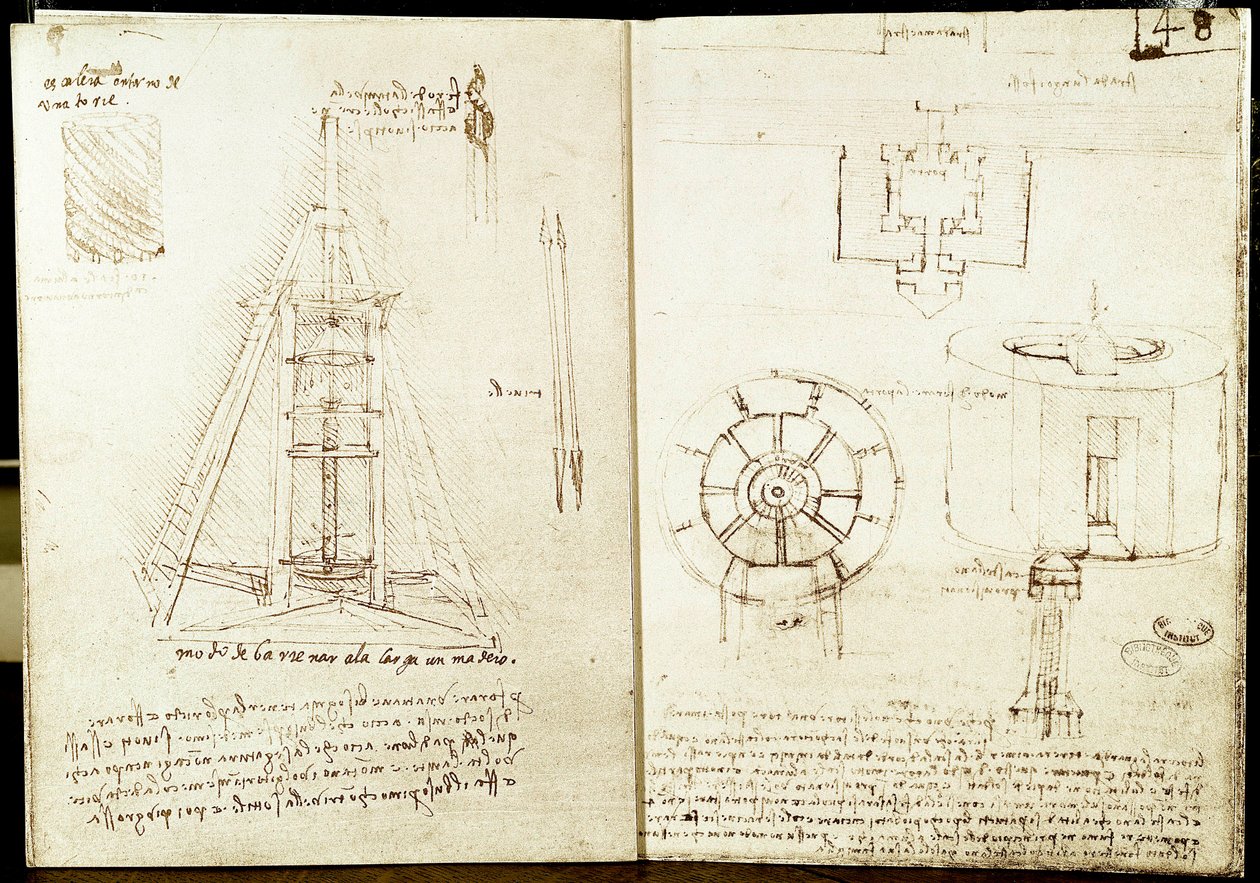 Architecture and military art: left page: spiral staircase around a tower. Drilling a beam. Right page: entrance plan of a fortified city. Plan and elevation of a circular tower fortified at sea. Manuscript by Leonardo da Vinci by Leonardo da Vinci