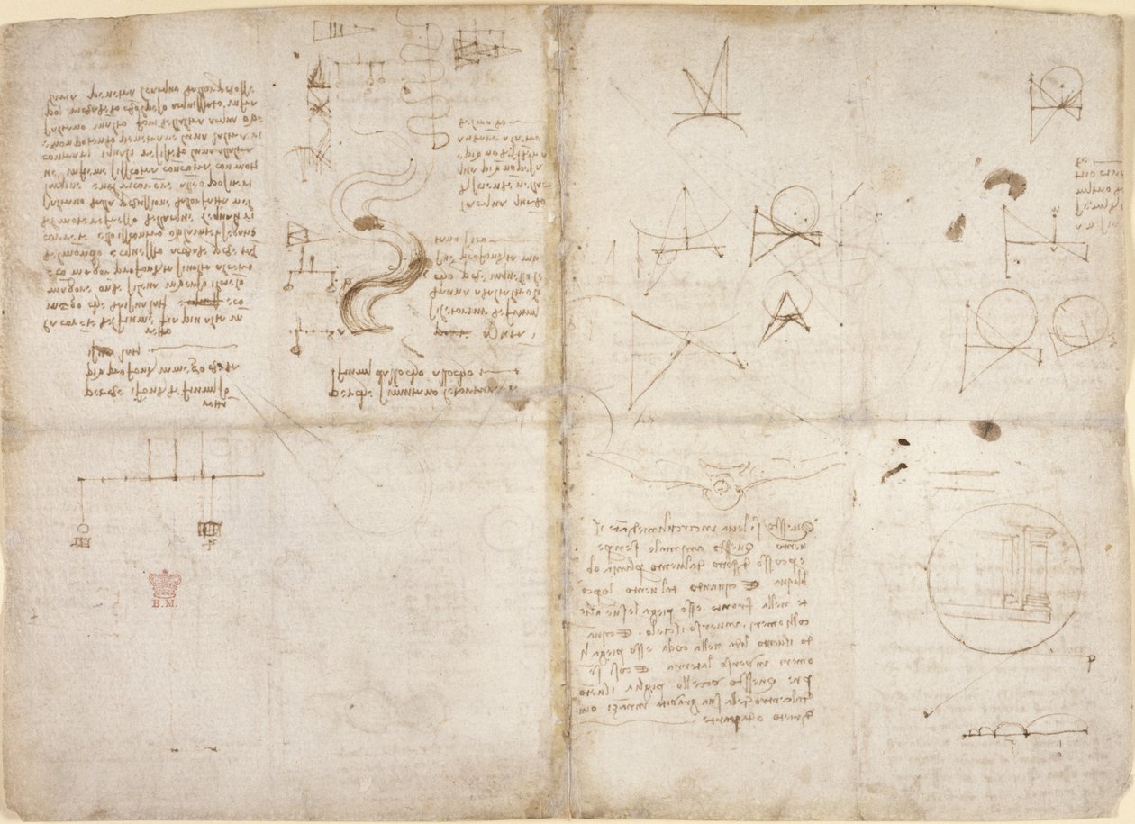 Notes and diagrams on mechanics; notes and schematic sketches on river courses and waterflow, from 