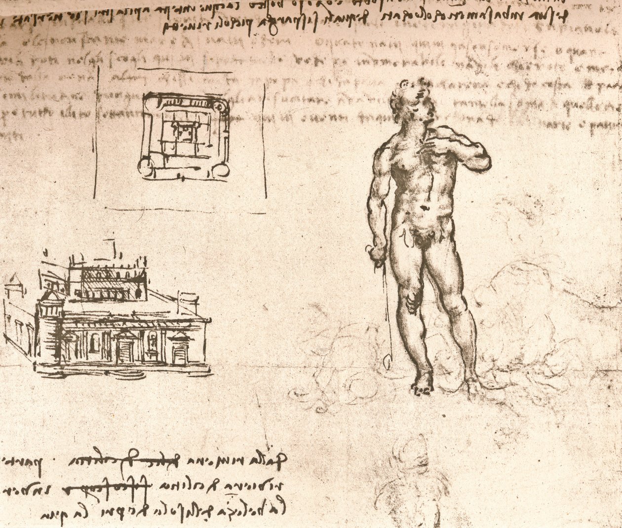Drawing of plans for a castle, and of a nude figure, washed with Indian ink by Leonardo da Vinci