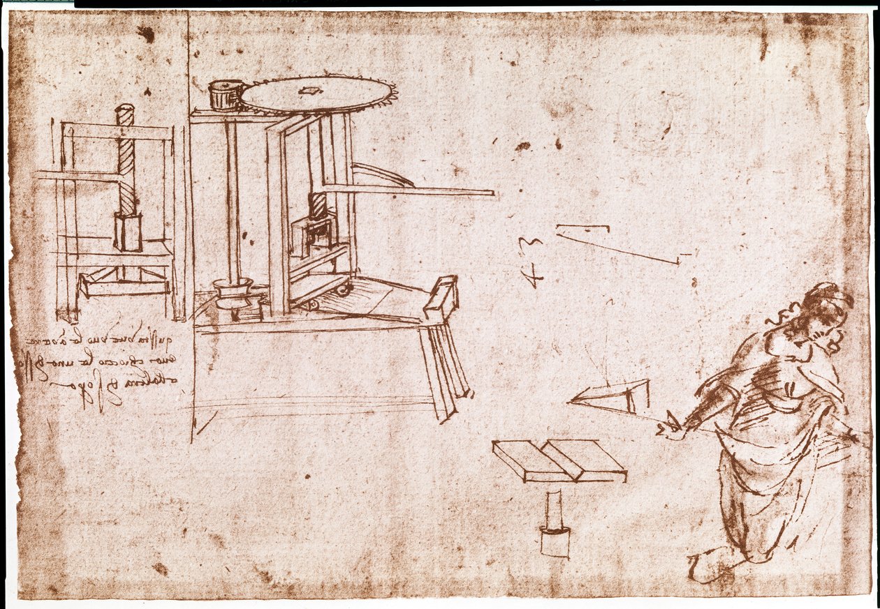Extract from a Da Vinci Manuscript describing the principle and the construction of a Press Machine for printing by Leonardo da Vinci