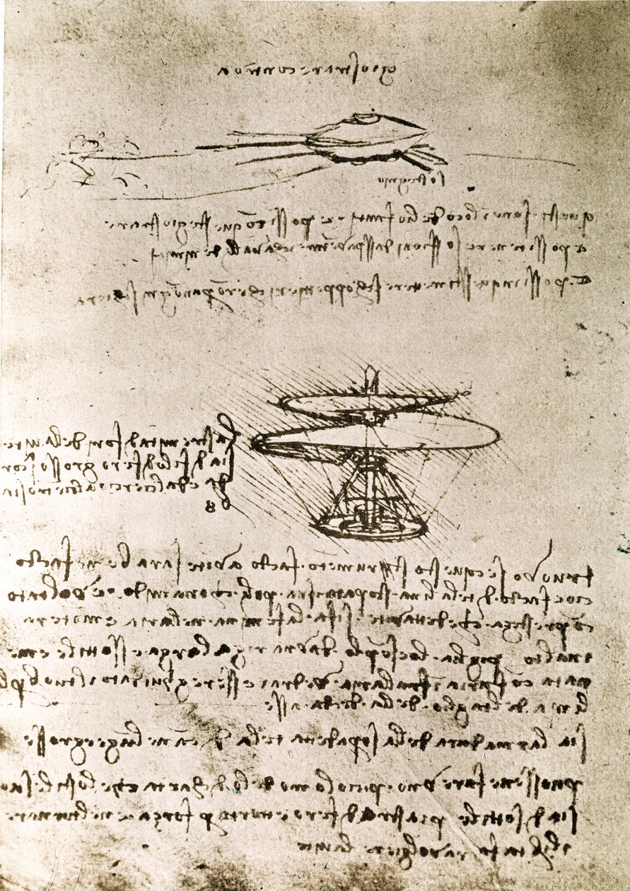 Extract from a Da Vinci Manuscript describing the principle and the construction of the Aerial Screw (Helicopter) by Leonardo da Vinci