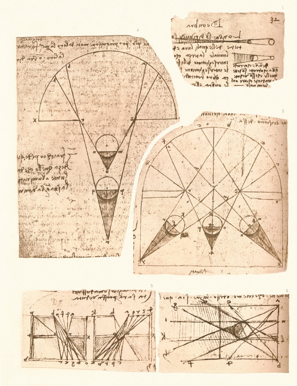 Five diagrams illustrating the theory of light and shade by Leonardo da Vinci
