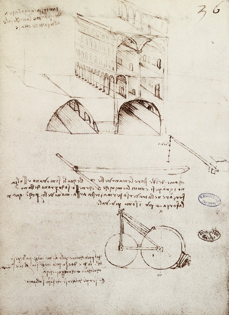 Manuscript B, f 36 r Architectural studies, development and sections of buildings in city with raised streets by Leonardo da Vinci