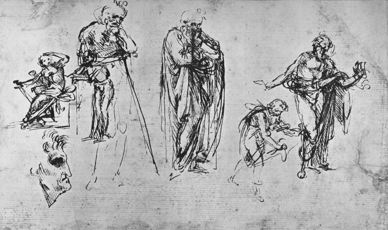Studies of Single Figures and of a Profile by Leonardo da Vinci