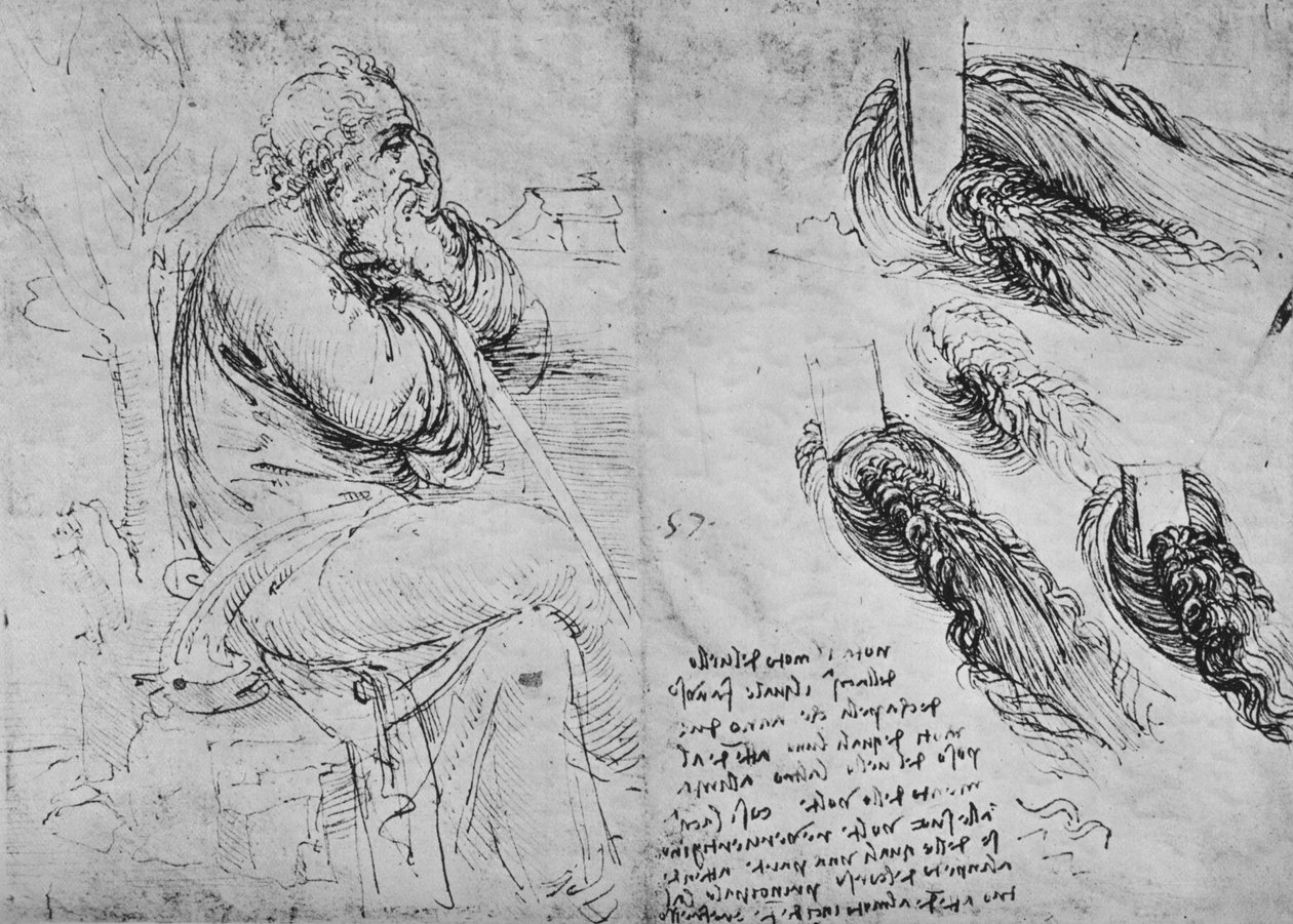 Studies of an Old Man Seated and of Swirling Water by Leonardo da Vinci
