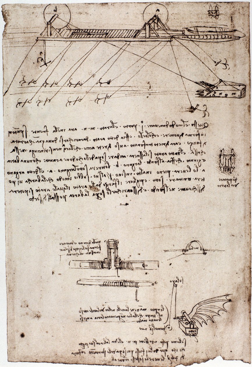 Study for a marine dredge by Leonardo da Vinci. Drawing with pen and ink by Leonardo da Vinci