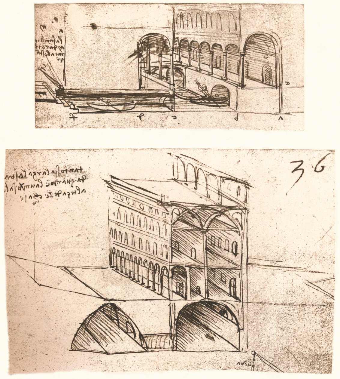 Two plans for canals in a town by Leonardo da Vinci