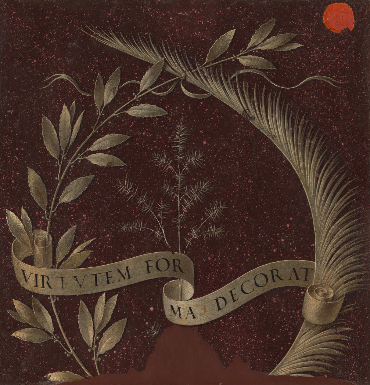 Wreath of Laurel, Palm, and Juniper with a Scroll inscribed Virtutem Forma Decorat [reverse], c. 147 by Leonardo da Vinci